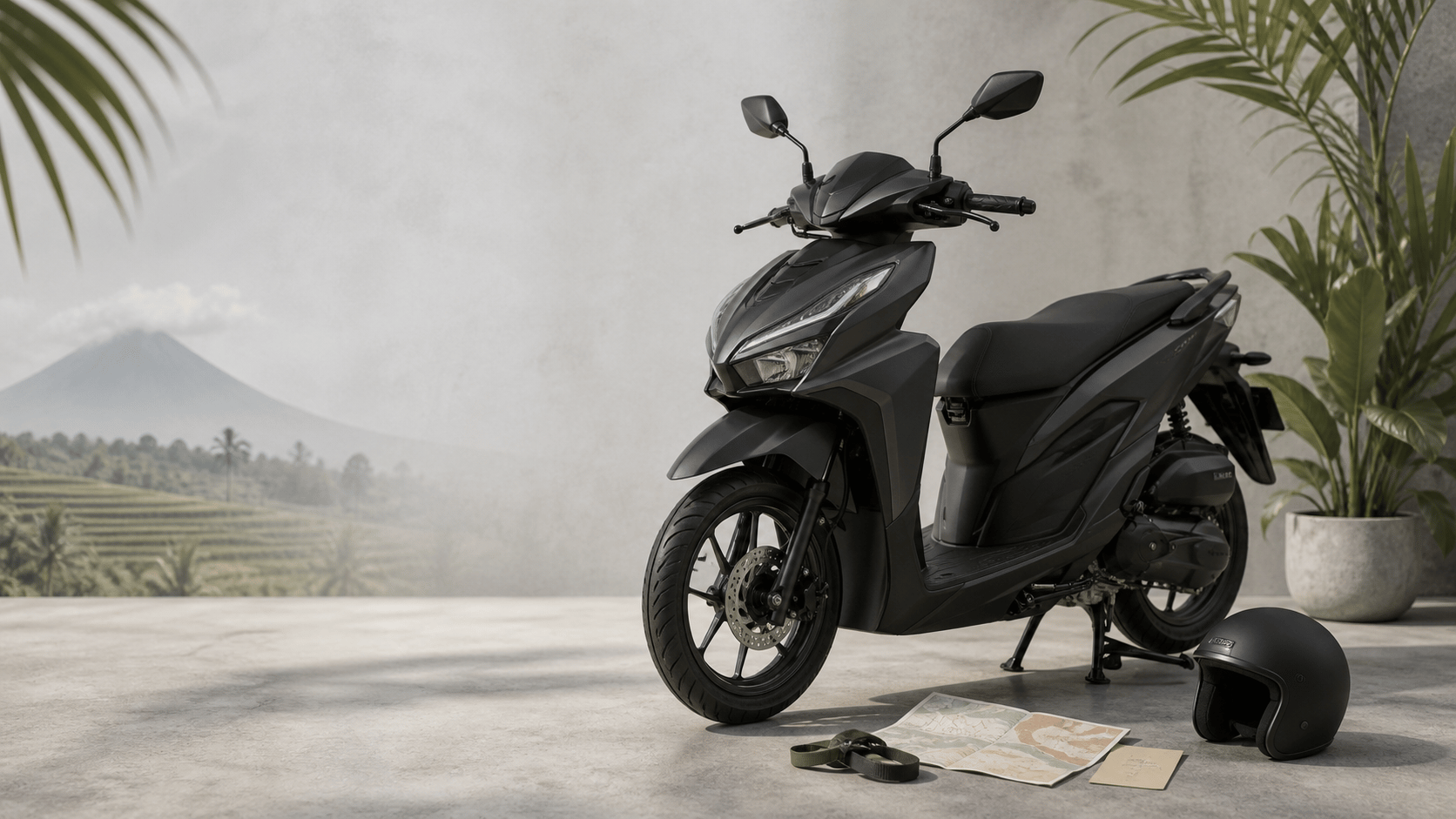 Example category scooter staged with a helmet and route card; not a vehicle assignment